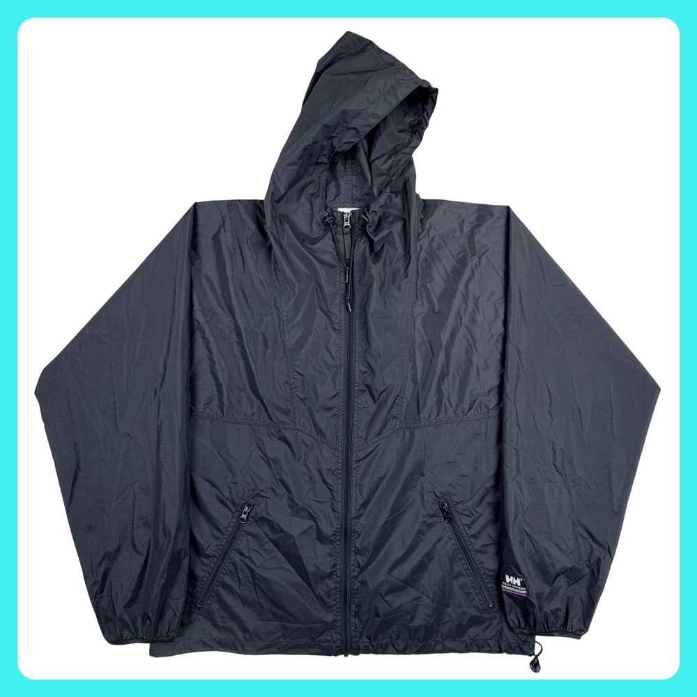 Helly Hansen Windbreaker Jacket Men M Black Nylon Ripstop Packable Hooded Zip